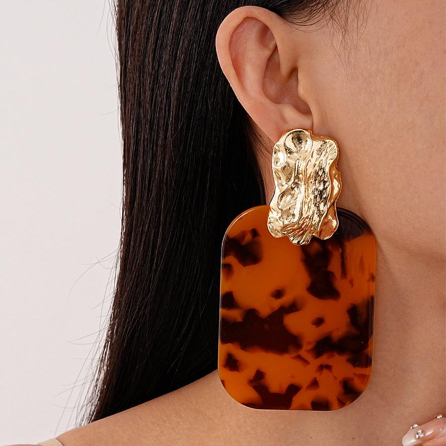 Exaggerated resin leopard print rectangular geometric silver needle earrings retro niche premium earrings