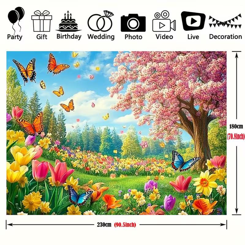 2D Cherry Blossom Backdrop, Pink Sakura Tree with Butterflies Photo Background for Studio Photography