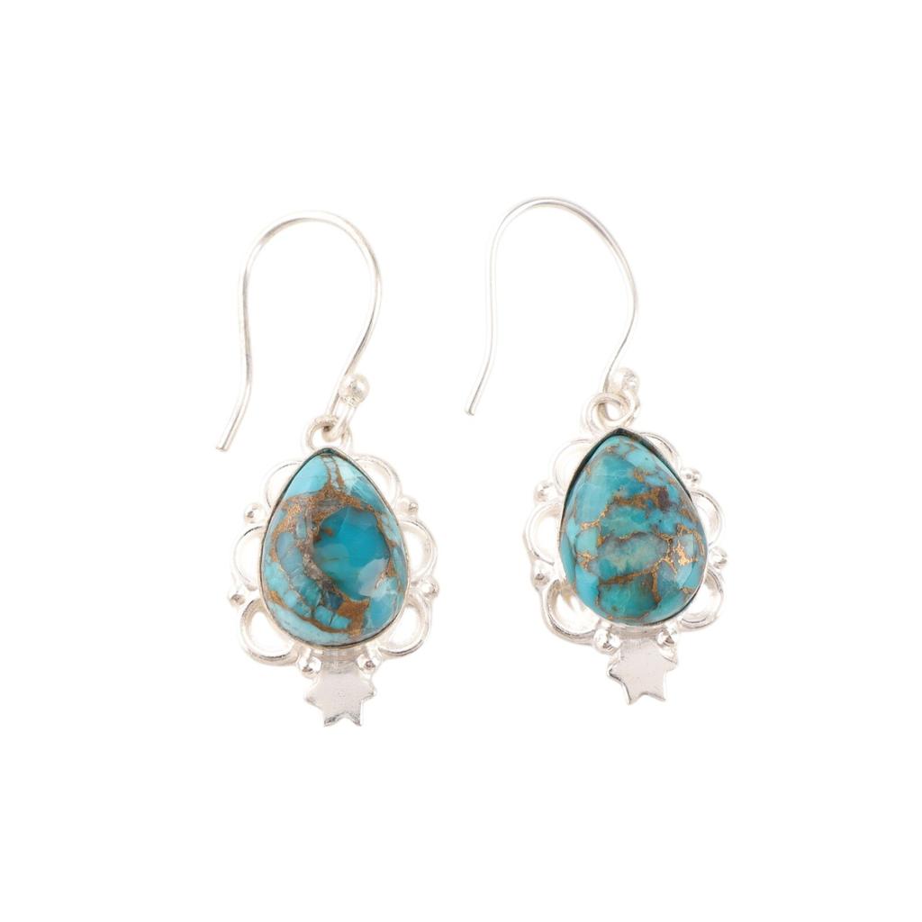 Blue Copper Turquoise Gemstone 925 Stamped Silver Handmade Jewelry Hook Earrings EE-163-40