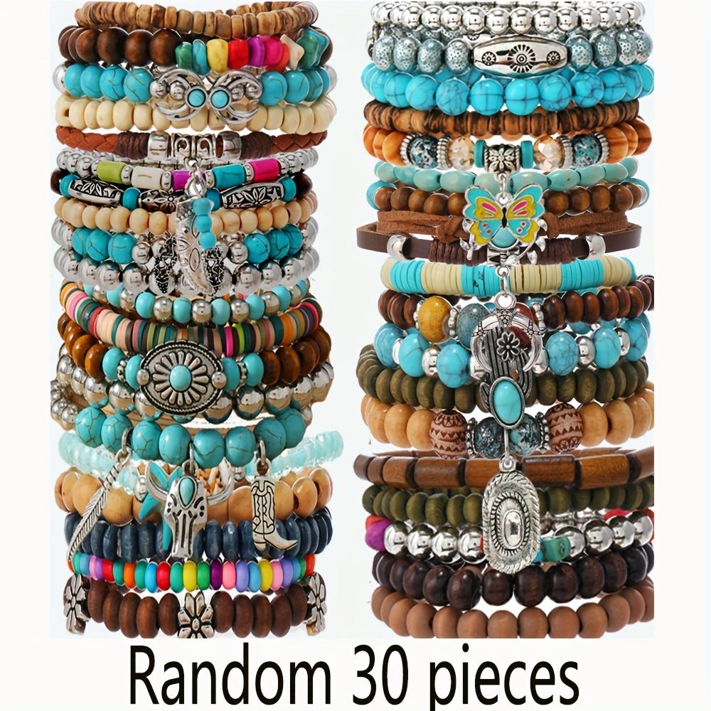 

Набор из 30 предметов унисекс в стиле бохо, браслеты из синтетических бирюзовых бусин, деревянная подвеска, повседневная одежда, случайный микс, модный аксессуар для мужчин