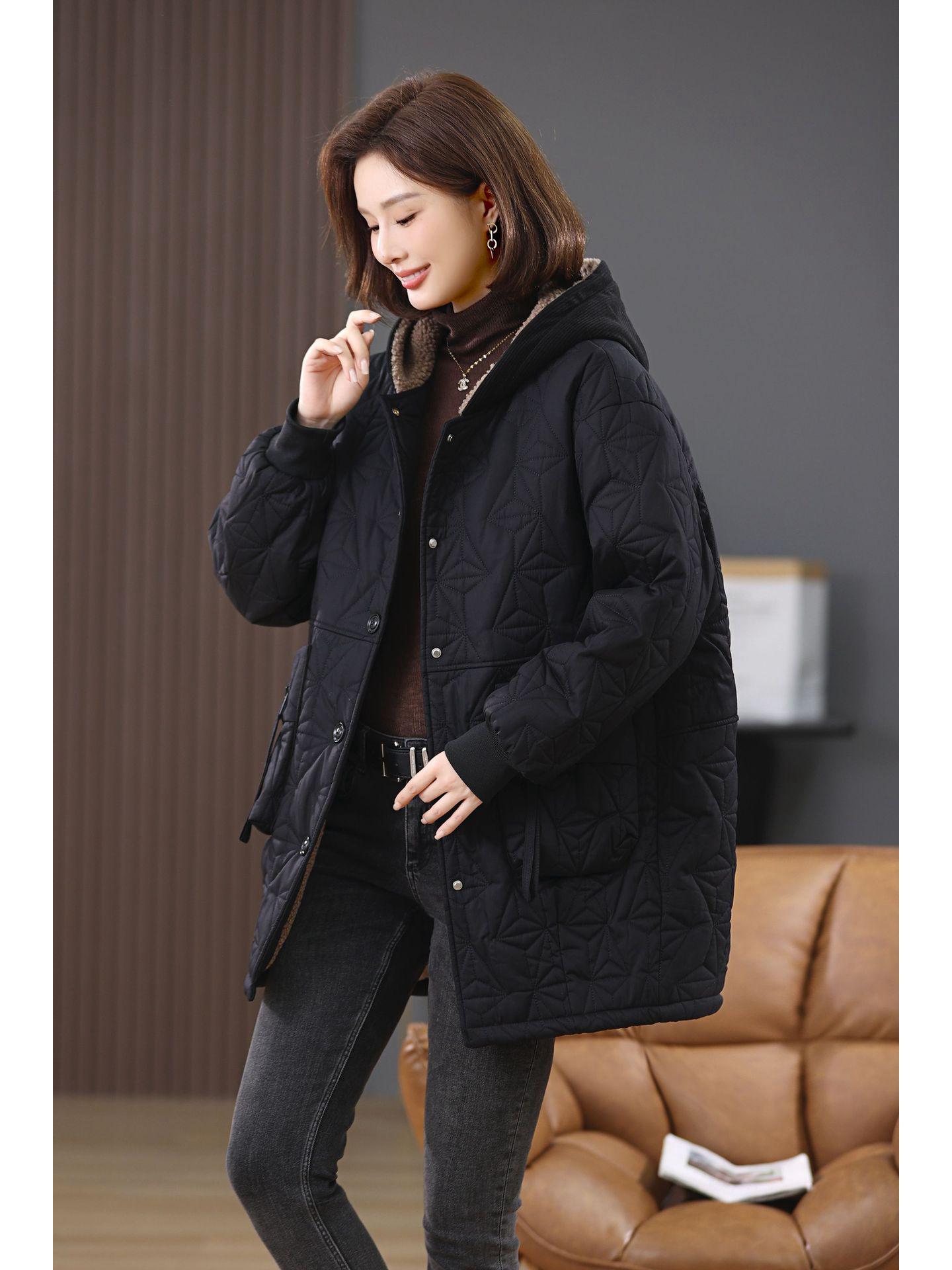 

Женская зимняя хлопковая куртка большого размера с флисовой подкладкой 2024 - Повседневное теплое пальто для женщин среднего и пожилого возраста M (100-125 lbs) чёрный