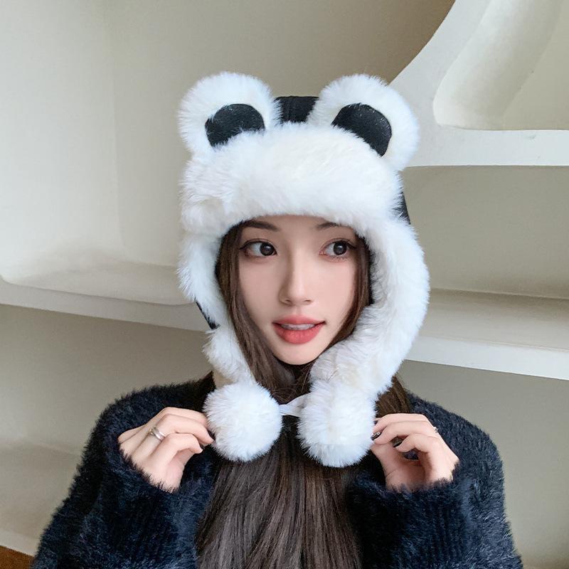Cute Hat Female Winter Warm Lei Feng Hat Ear Protector Hairball Plush Hat Big Head Circumference Hat