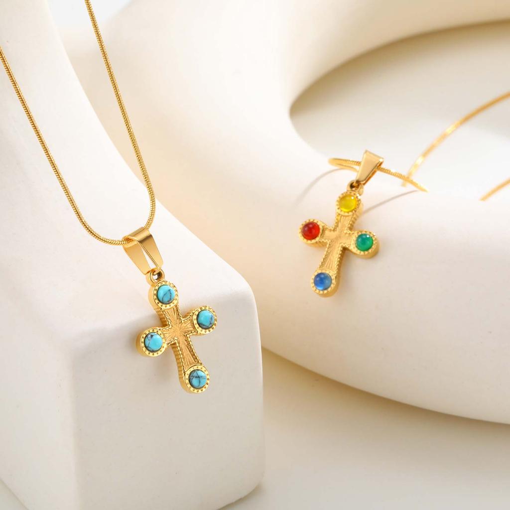 Colorful Natural Stone Cross Pendant Necklace,Gold Color Stainless Steel Snake Chain Necklaces,Charm Jewelry Gift