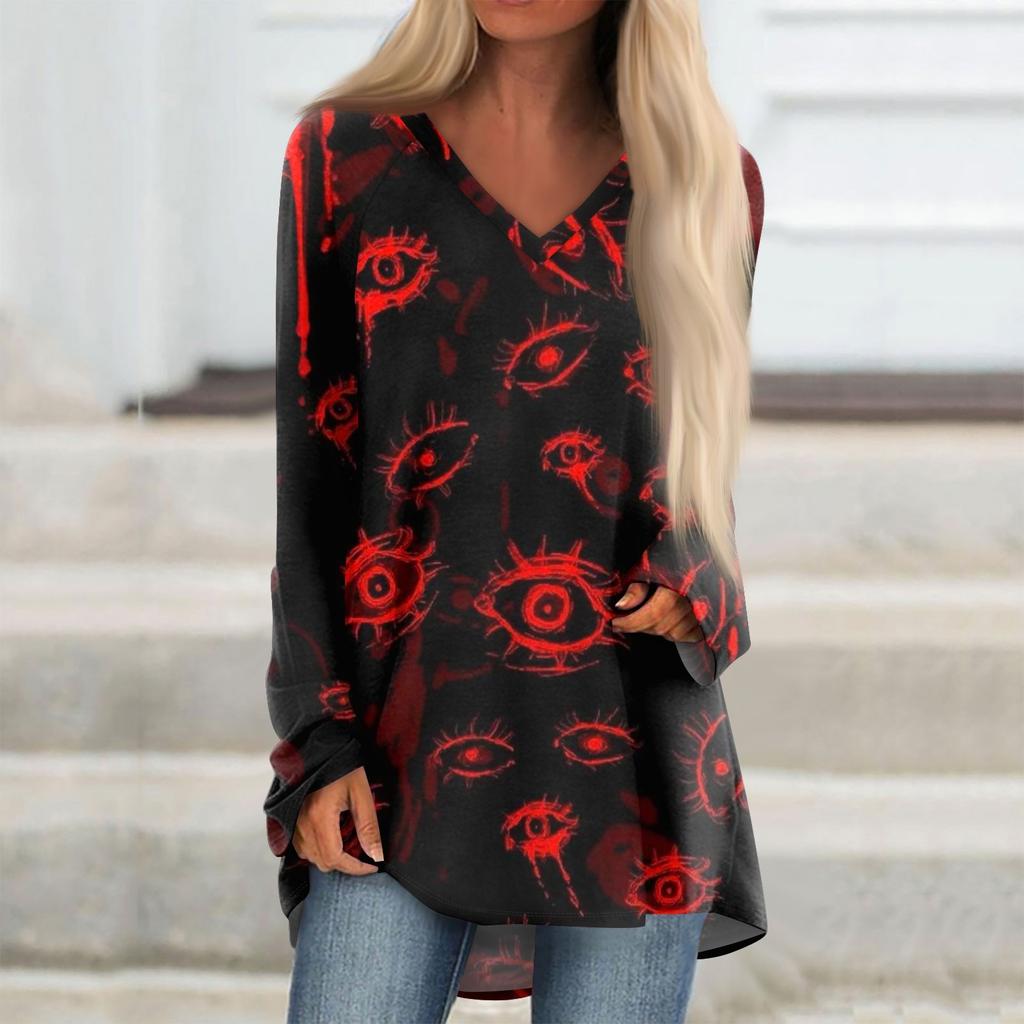 Ladies' Fashionable And Casual Halloween Printed T-shirt Long Sleeved V-neck Mid Length Top