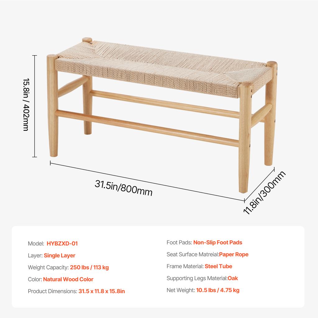 VEVOR Wooden Rattan Bench Entrywway Bench W/ Oak Wood Legs Bedroom End of Bed Boho Bench with Hand Woven Rattan for Living Room
