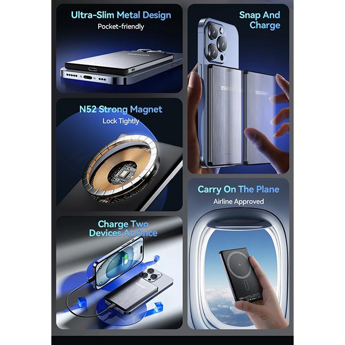 Essager Thin Wireless Power Bank 5000mAh Fast Wireless Charge Powerbank Magnetic External Battery Charger for iPhone 15 14 13 12