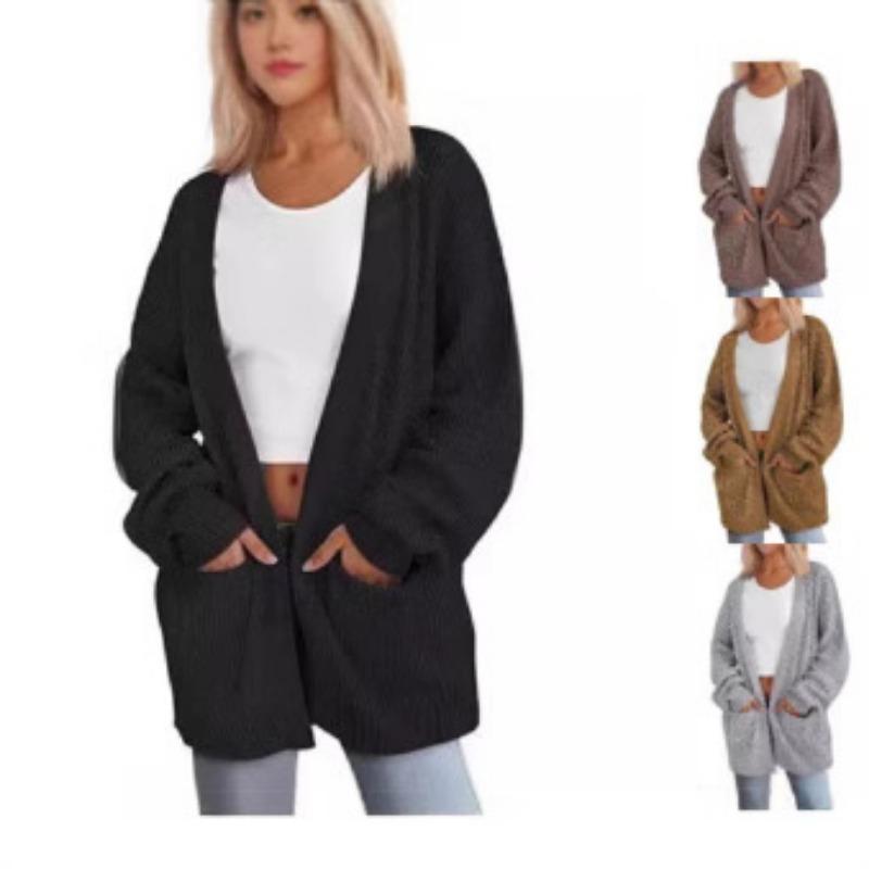 Women S Loose Knit Cardigan Sweater With Pockets Solid Color Long Sleeve
