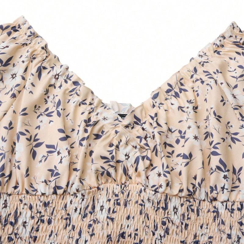 Women Summer Lantern Sleeve Ruffles V Neck Floral Printed One Piece Dress