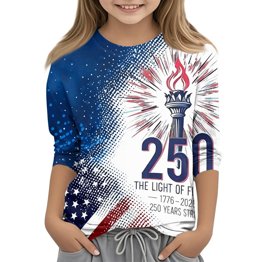 Children's Independence Day Printed Round Neck Seven Quarter Sleeve Casual T-shirt