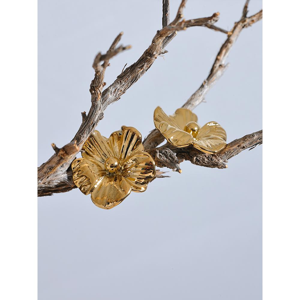 Yhpup 316L Stainless Steel Metal Flower Stud Earrings Rust Proof 18K Gold PVD Plated Modern Daily Jewelry for Women Charm Gift