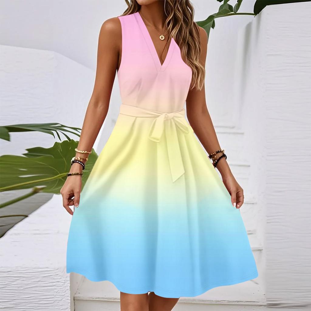 Women's Spring And Summer Casual V-Neck Sleeveless Waist Gradient Printed Midi Dress