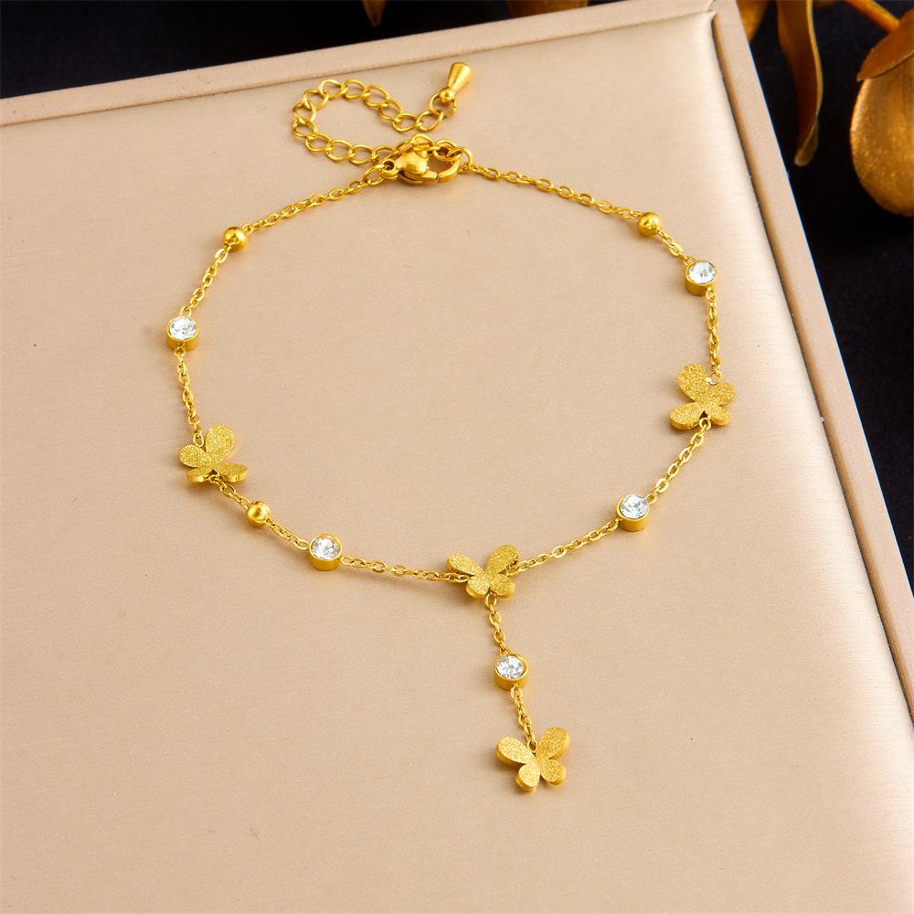 Fashion Minimalist Tassel Rhinestone Heart Butterfly Flower Gold Anklet, Dangle Design Women Foot Jewelry