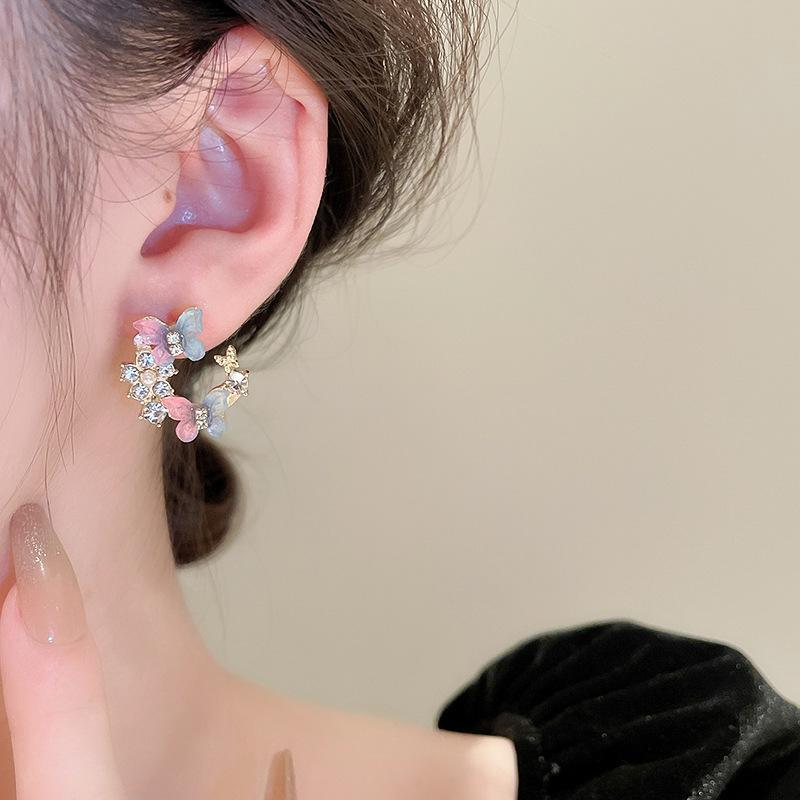 Blue Purple C-shaped Butterfly Stud Earrings Women Sweet Mori Flower Rhinestones Ear Studs Fashion Charms Jewelry Gift K