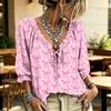 Women's V-Neck Ruffle Blouse with Tie and Print Design