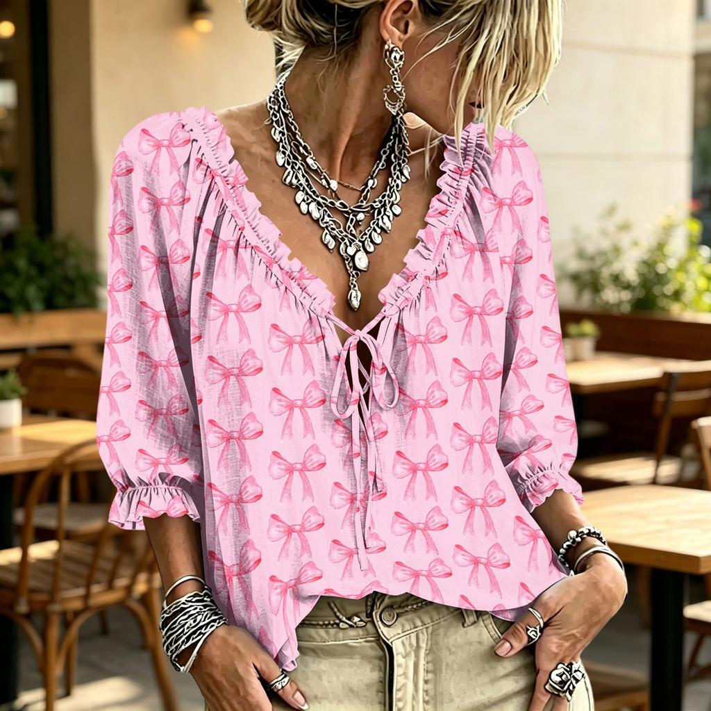 Women's V-Neck Ruffle Blouse with Tie and Print Design