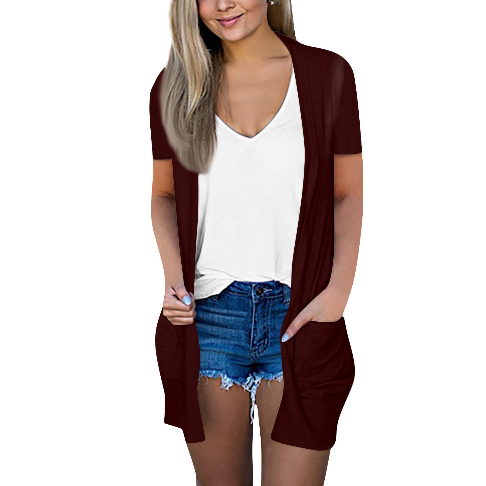 

Women s Fashion Loose Casual Pocket Solid Color Cardigan Short Sleeve Jacket Top L винний