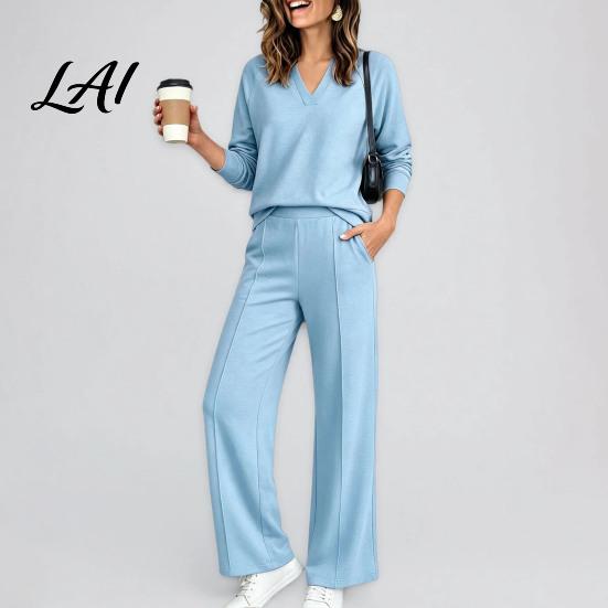 Pullover Sweatpants Set Women Sweatshirt Pants 2-Piece Set V-Neck Long Sleeve Top & Wide Lounge Sets Leg Trousers with Elastic Waist Solid