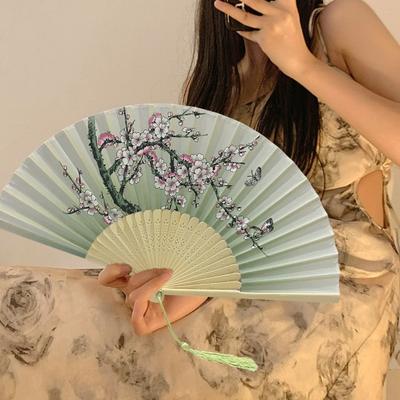 Folding Fan with Tassel Chinese Style Hand-painted Flower Bamboo Leaf Print Dance Performance Photo Props Portable Summer Hand Held Fan Party