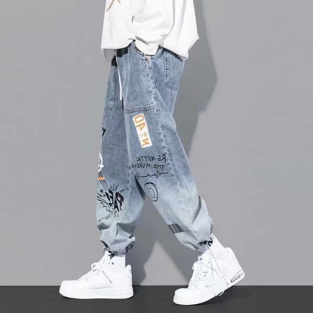 Letter-print Jeans Men's Fashion Loose Cartoon Corset I Drawstring Pants