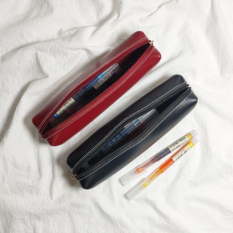Oily Synthetic Faux Leather Texture Pencil Case - Small Capacity Retro Minimalist School & Office Organizer with Zipper Closure