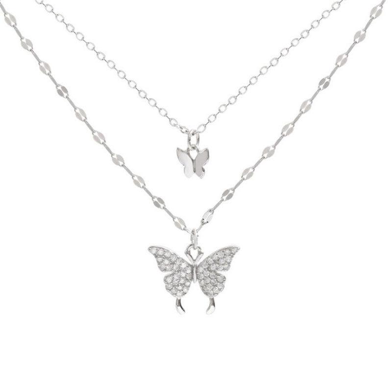 

Lats New Shiny Butterfly Necklace Exquisite Double Layer Clavicle Chain Jewelry For Ladies Gift Silver&45cm