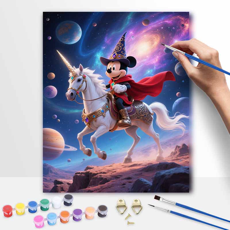 Disney digital oil painting wizard Mickey riding unicorn fantasy space hand painting home decoration painting 20x30cm