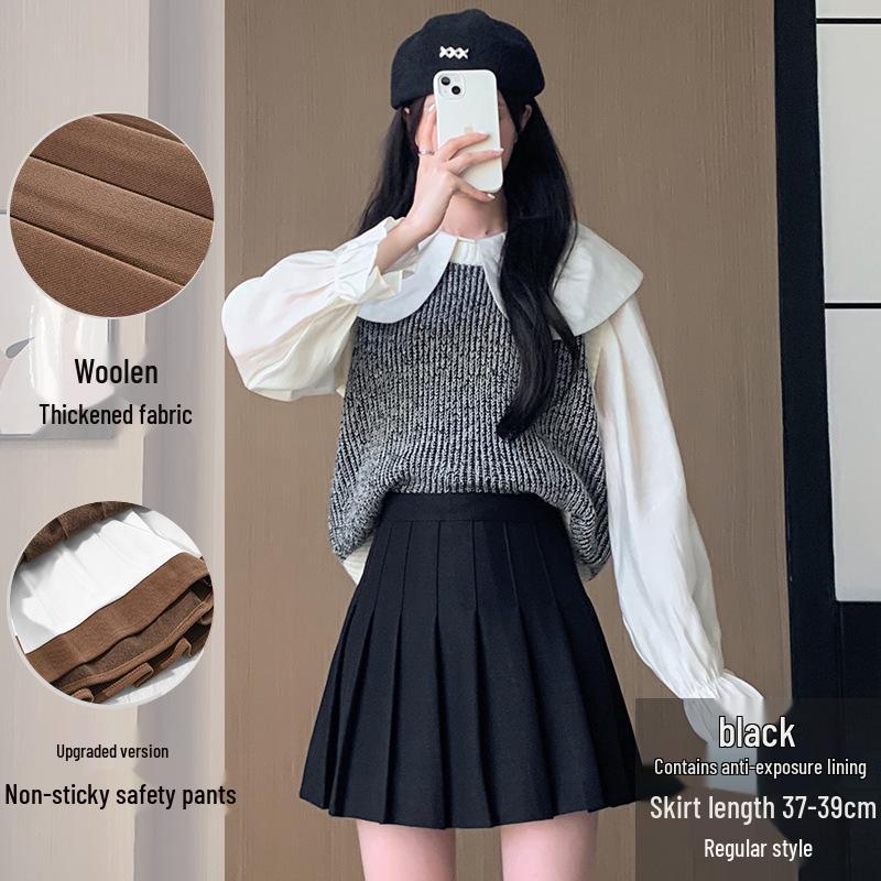 High-Waist A-Line Pleated Wool Skirt - Women's Autumn/Winter, Slim Fit, Plus Size, Korean Style, Short/Midi Length.