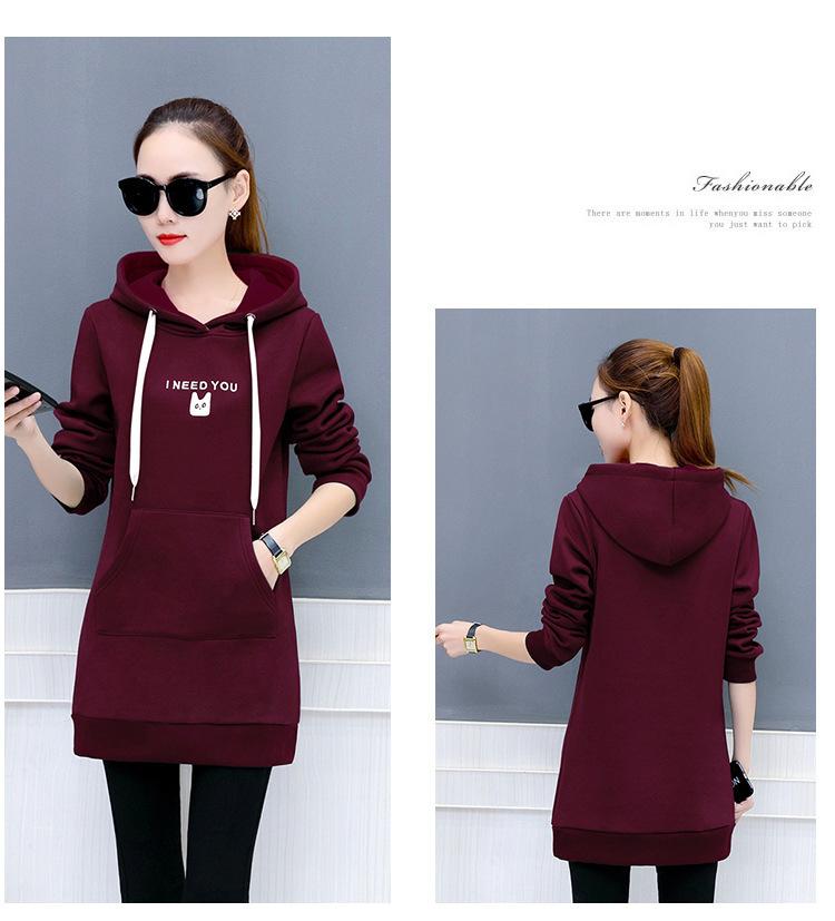 Women's Hooded Long Sleeve Tunic Hoodie Oversized Elegant Commuter Letter Embroidery Fleece Lined Mid Length Sweatshirt