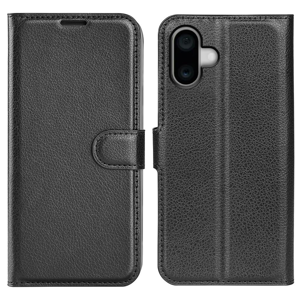 For iPhone 16 Wallet Case Litchi Texture Shockproof Leather Flip Stand Phone Cover