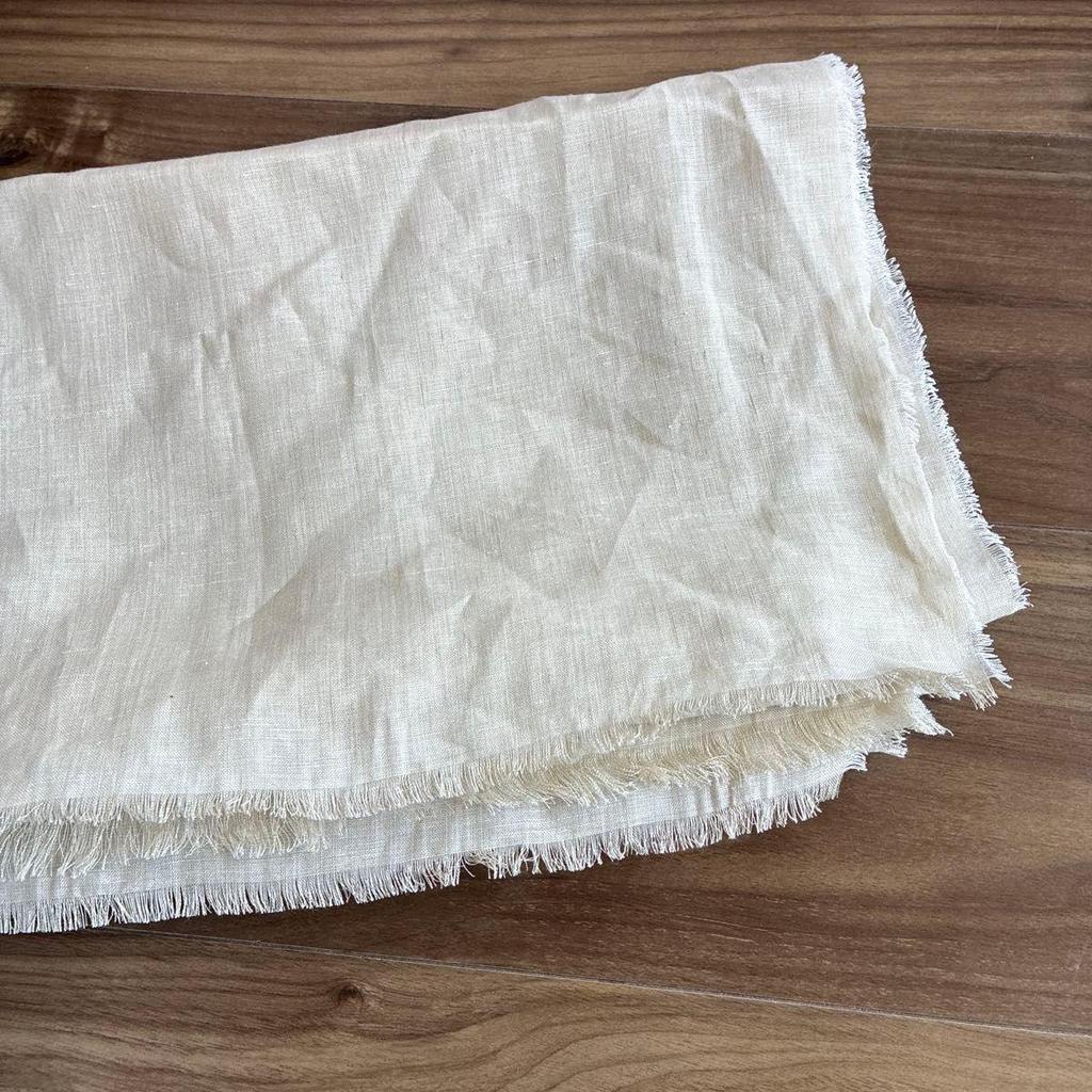 Used Handmade Stole, Ivory Linen, Fringed, Large Shawl