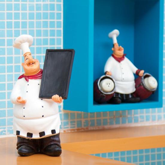 DYS Kochfigur, Harz Tischdekoration für Arbeitsplatte, Lustige Statue mit Gewürzflasche/Flaschenöffner/Nachrichtentafel für Küchenregal Zuhause Restaurant