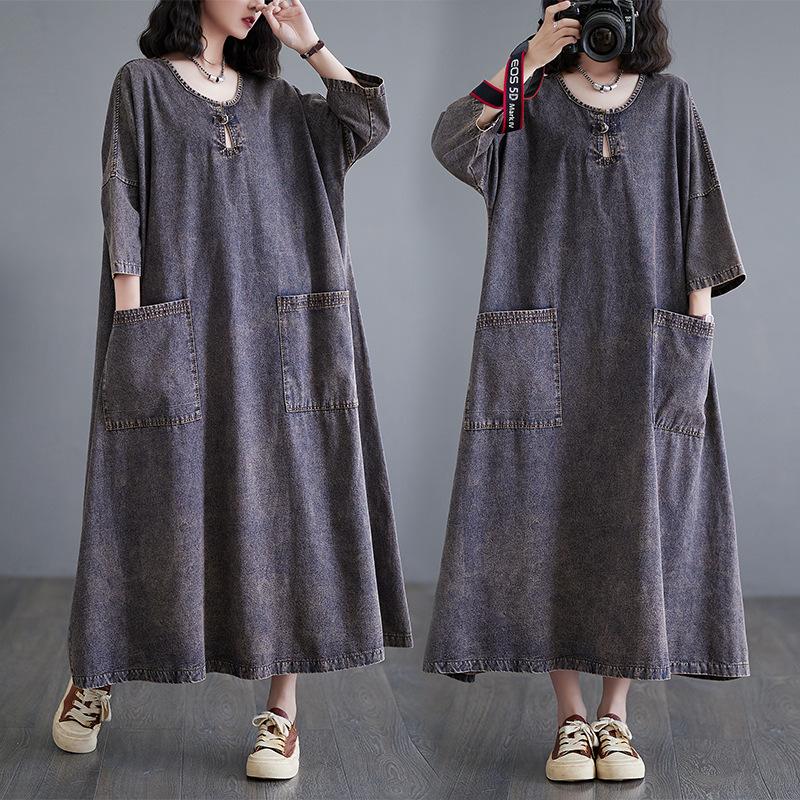Vintage Style Denim Long Dress Loose Casual Fashionable Mid Long Women's Thin Dress Autumn Street Wear Women's Dress