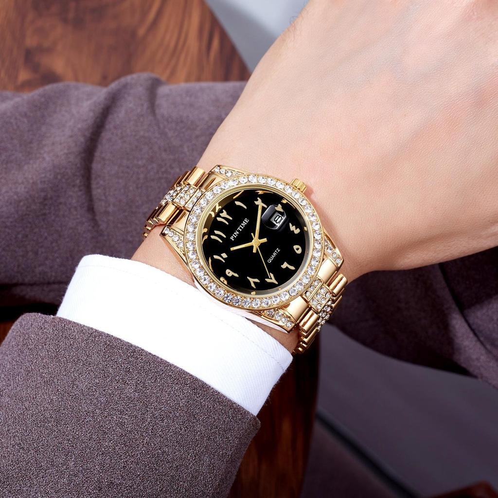 PINTIME Male Quartz Watches With Diamond Studded Bezel Design Arabic Numeral Scale Fashion Business Style Men's Waterproof Calendar Luminous Watch