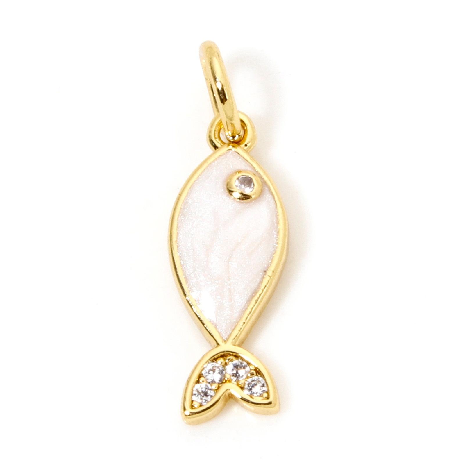 

1 Piece Brass Ocean Fish Jewelry Charms 18K Gold Plated Enamel Pearlized Clear Cubic Zirconia Pendant Necklace DIY 19mm x 6mm