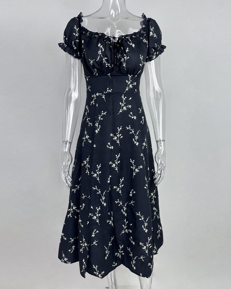 

Women Summer Floral Print Dress Off Shoulder Split Hem Midi Dress Puff Sleeve Casual Dress for Daily Wear Beach Vacation XXXL