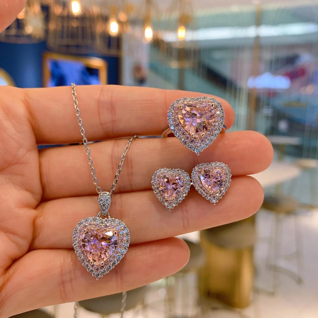 Romantic Heart Shaped Love Pink Quartz Cubic Zircon Pendant Necklace Earrings Adjustable Ring Wedding Jewelry Gift Macrame