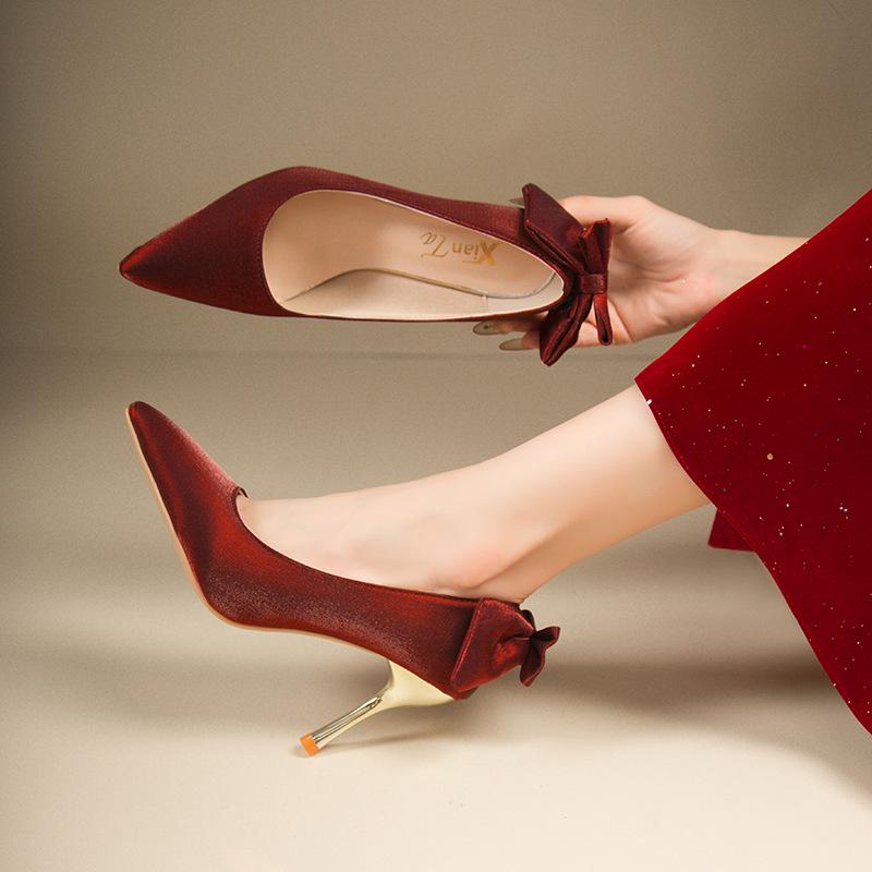 

Elegant Red Satin Bridal Shoes with Bow and Pointed Toe Stiletto Heel for Spring 2025 US 34