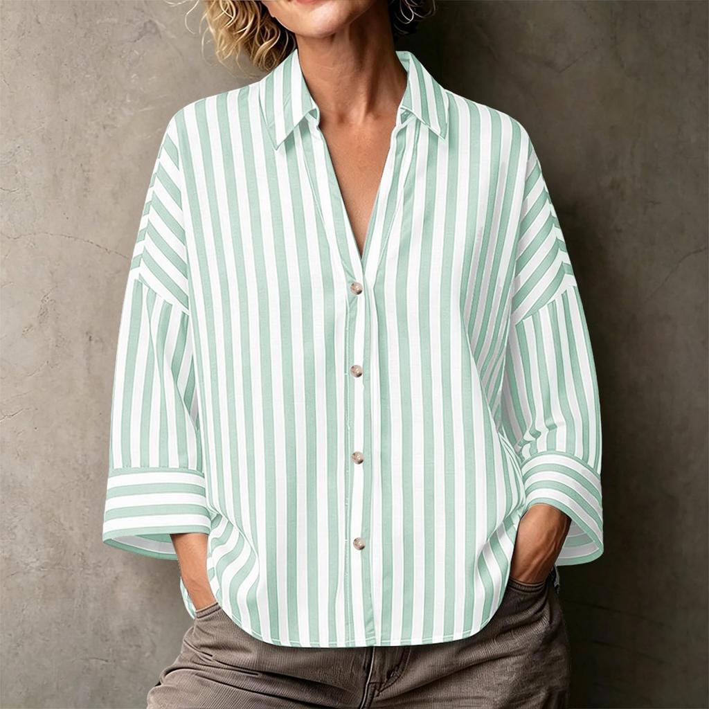 Women's Striped Lapel Button Down Long Sleeve Blouse Loose Fit for Work
