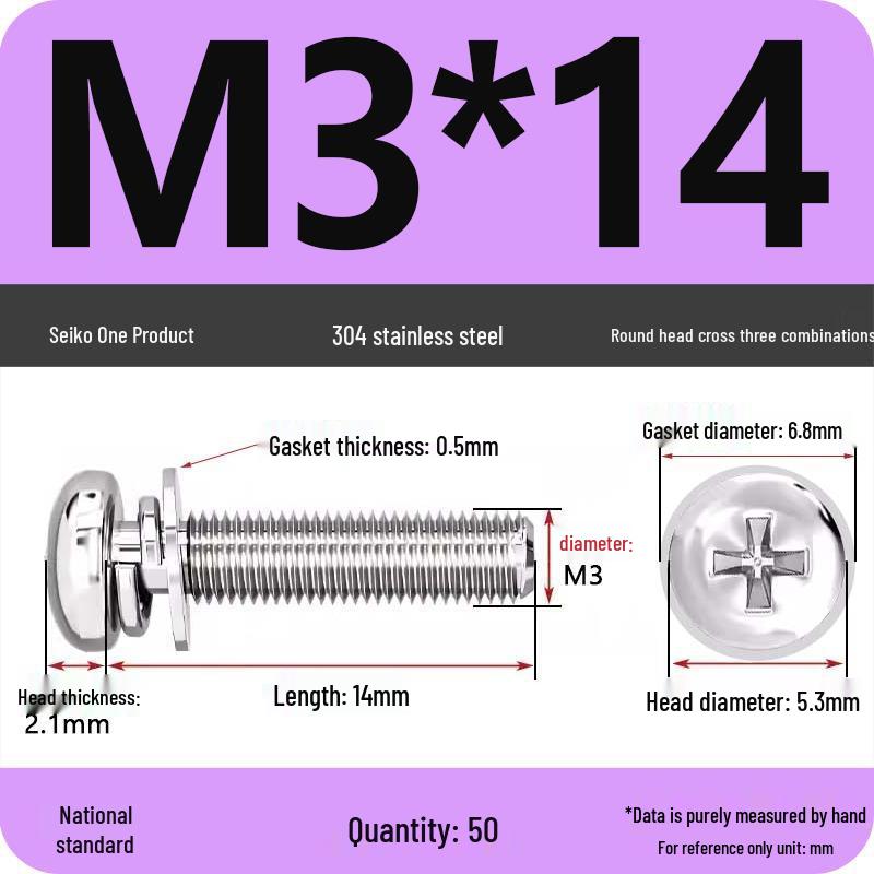 304 Stainless Steel Round Head Phillips Screw with Flat Washer (Sizes M3, M4, M5, M6)