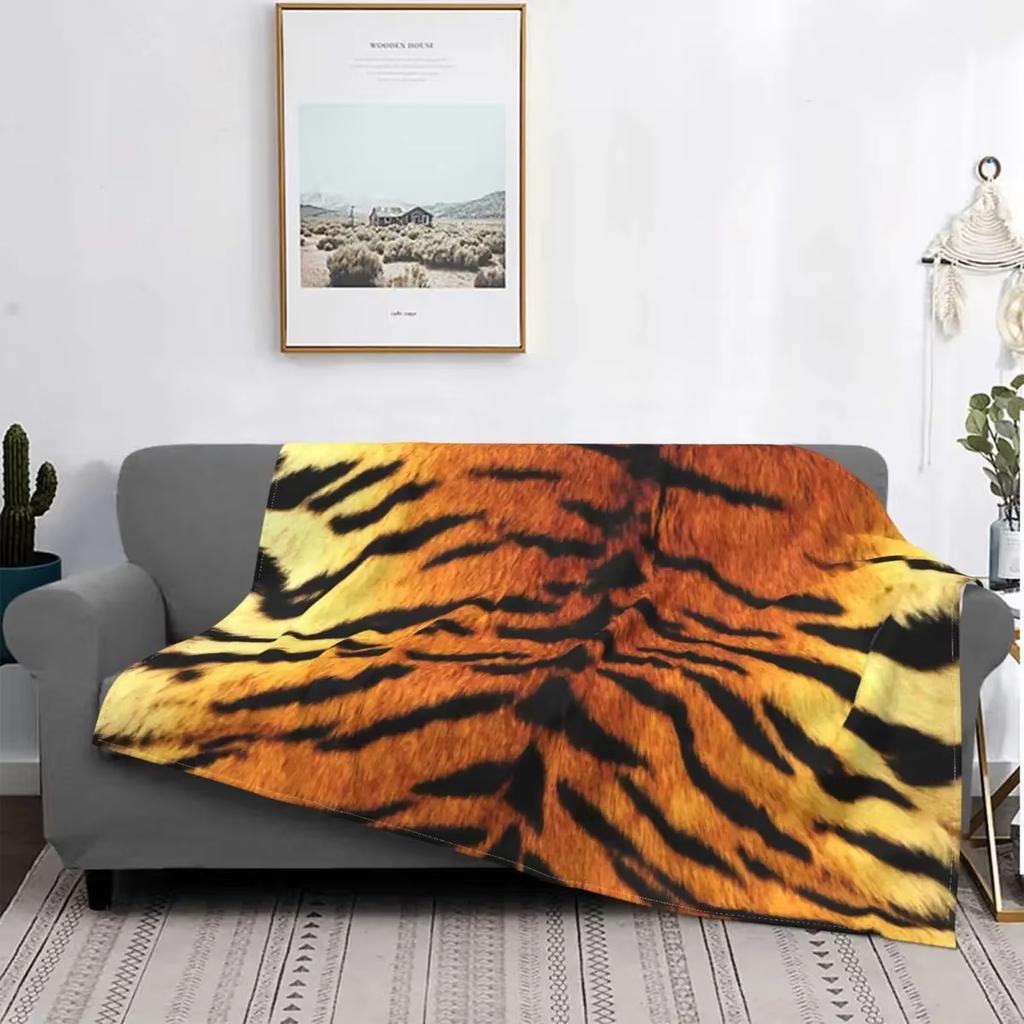 Realistic Tiger Skin Print Flannel Throw Blanket - Portable Warm for Bed/Rug, King Size, Animal Decor Textile