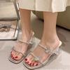 Bow Rhinestone Thick Heel Cool Slippers Women Wear 2025 Summer Fairy Style French Retro Toe High Heel Sandals