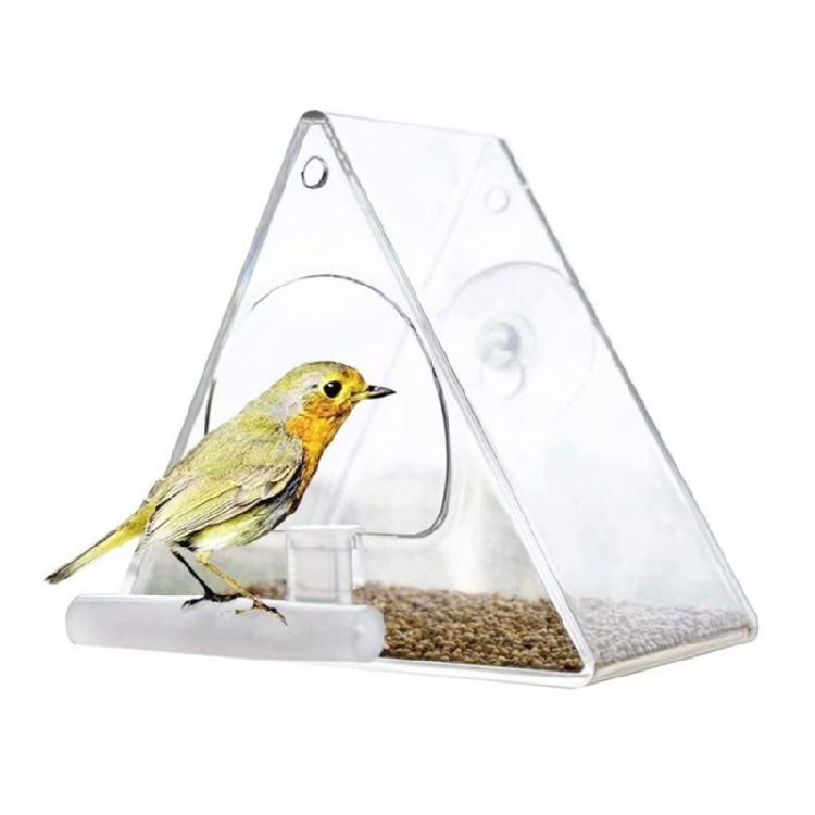 Acrylic Window Bird Feeder Clear Food Bowl with Perch for Outdoor Hanging