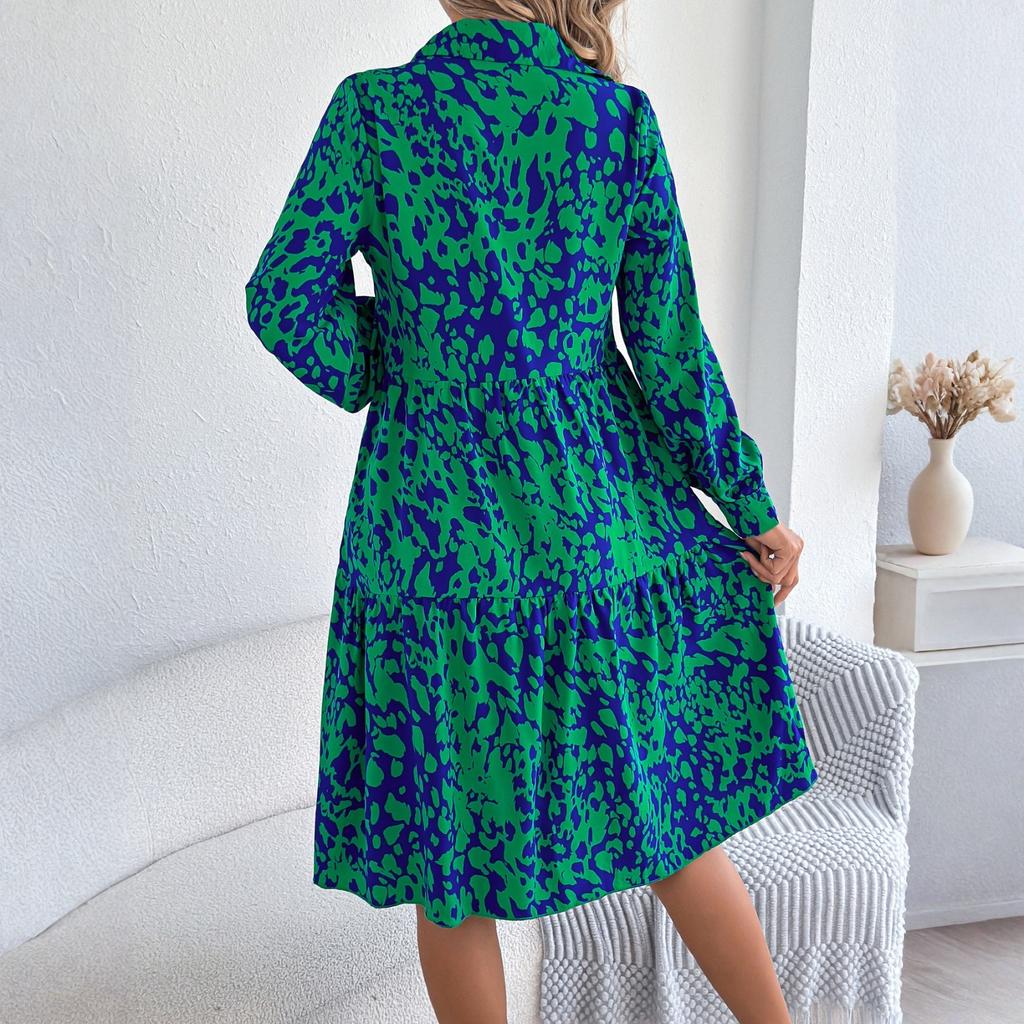 Women's Summer Fashion Printed Lapel Button Loose Long Sleeved Shirt Dress