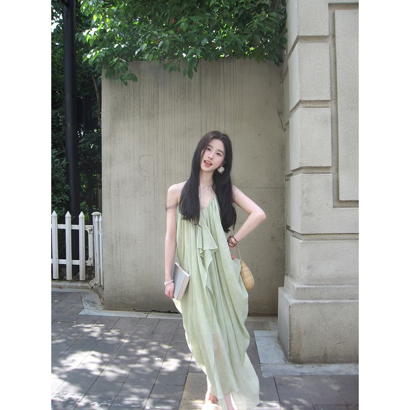 

Kumikumi Holiday Style High Sense Irregular Hanging Neck Dress Women Summer Sexy Backless Temperament Midi dress Image color L