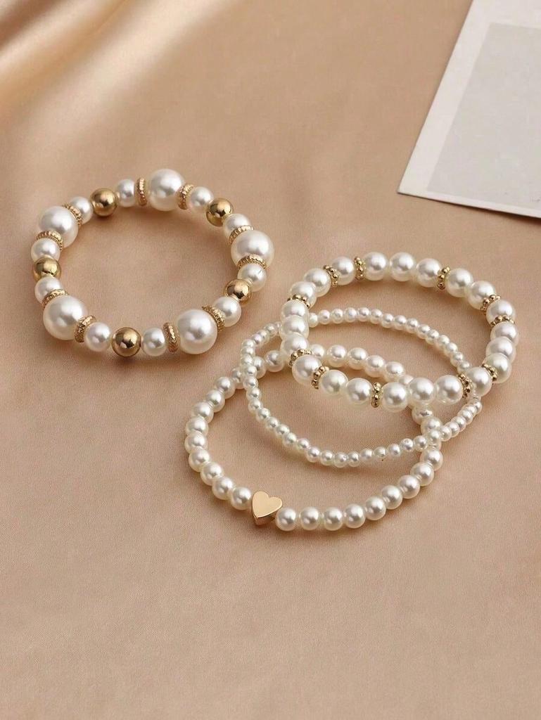 Women Elegant Faux Pearl Beaded Bracelets Combination Fashion Party Accessories