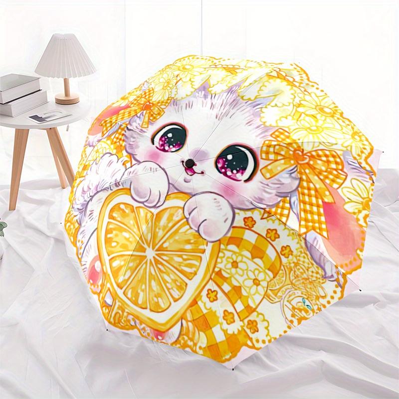 1pc Orange Kitten Ideas Automatic Open/CloseCartoon Umbrella-CuteUmbrella with Cute Design, Portable 3-Fold Compact Umbrella for Men & Women