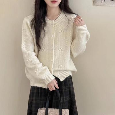 Autumn and Winter New Retro Heavy Industry Three-dimensional Flower Knitted Cardigan Women's Gentle Wind Loose and Thin Sweater Jacket