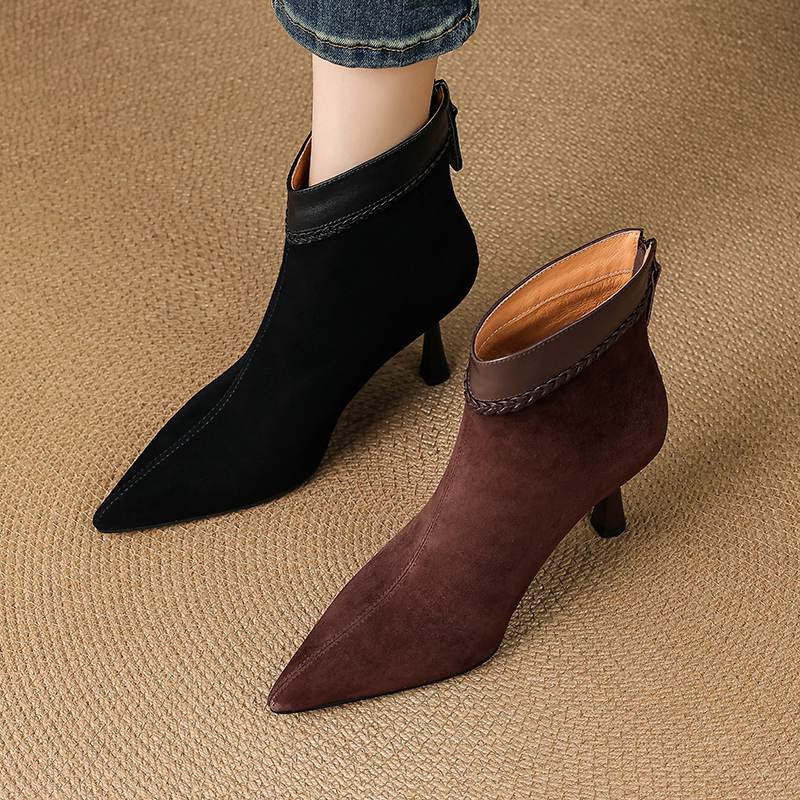 Krazing Pot Sheep Suede Autumn Winter Shoes Stiletto Thin High Heels Big Size 40 Modern Boots Pointed Toe Keep Warm Zip Ankle Boots