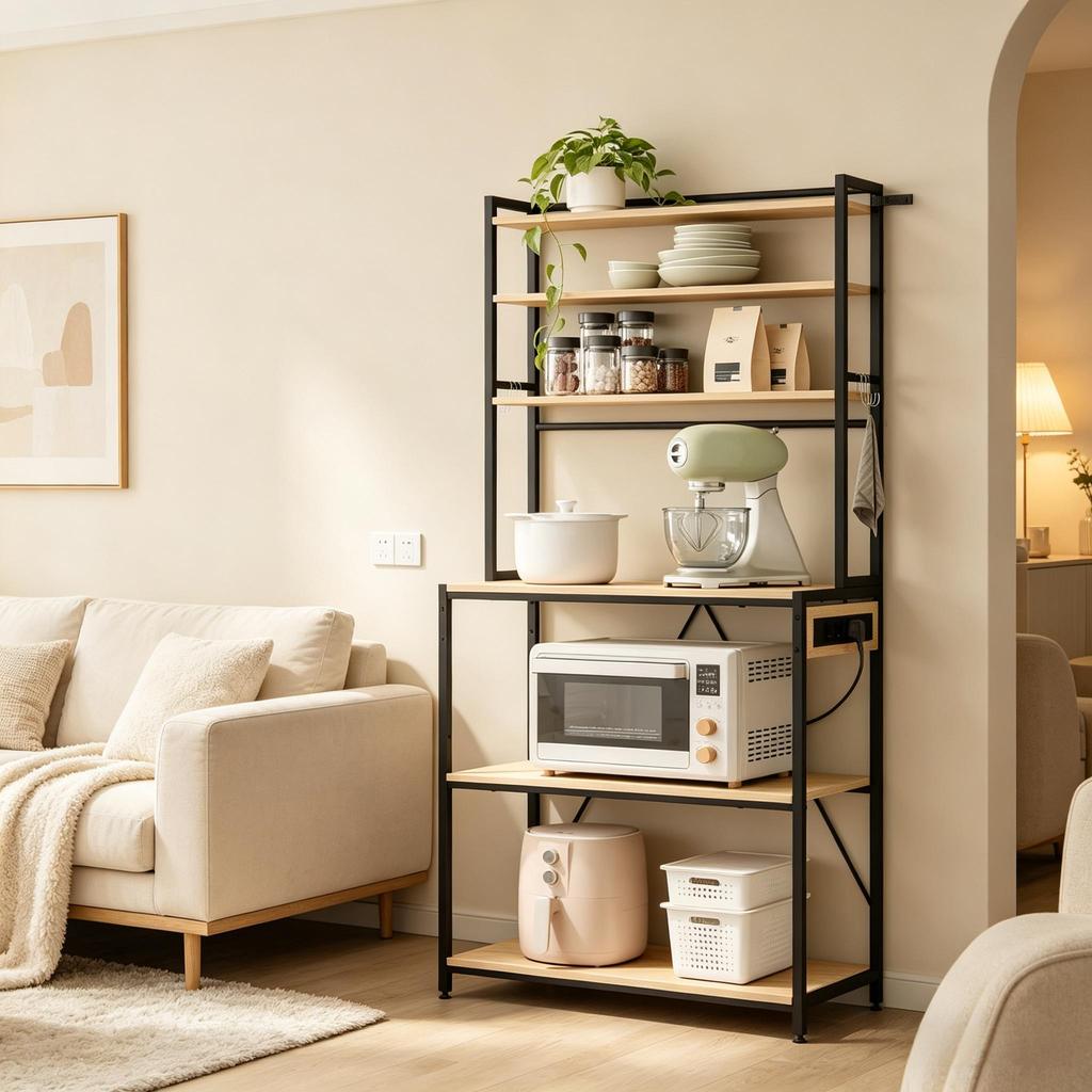 Modern Style Display Shelf, Coffee Bar Station, Kitchen Shelf with Sockets, Kitchen Cabinet, Mini Kitchen Workstation
