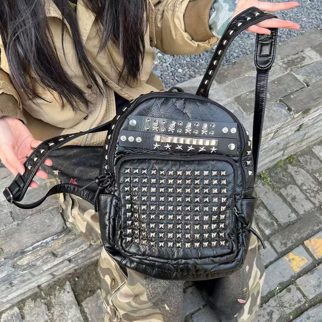 Schoolbag exclusive accessories original homemade dark tide brand punk Y1K subculture backpack niche spice girl soft leather rivet double